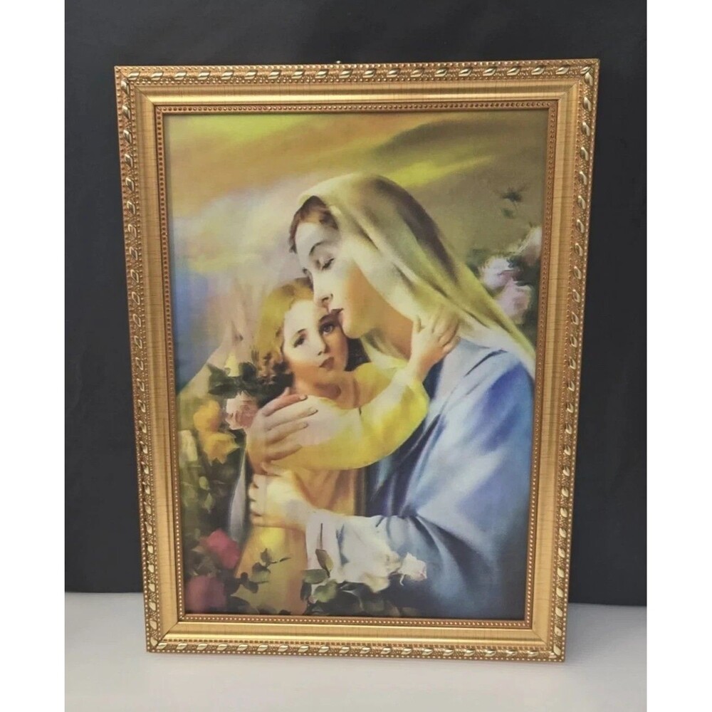 Vintage Madonna And Child Lenticular Print Jesus And Mary 3D Framed 15"  x 12"